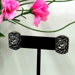 Rose Design Vintage Silver Plated Rectangular Screw Back Earrings